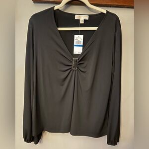 NWT Michael Kors Black Long Sleeve V-neck Top with Buckle Detailing XL